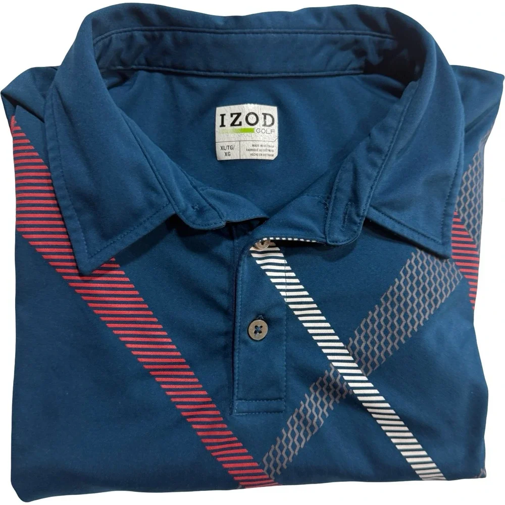 IZOD Golf Polo Shirt Mens XL Blue Short Sleeve Diagonal Stripe Performance - Picture 1 of 8